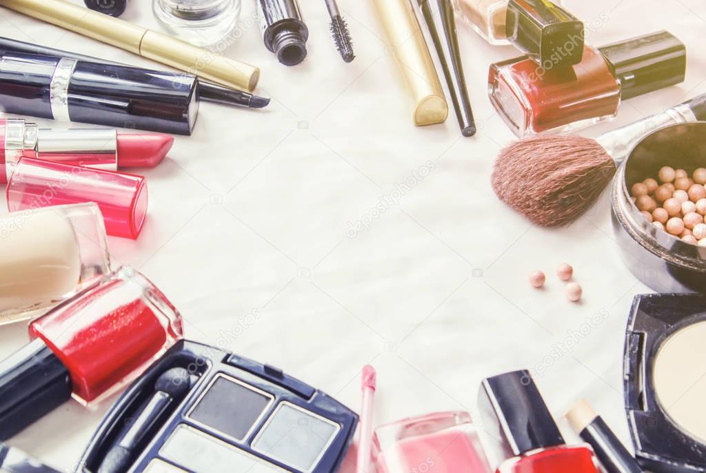 Decorative cosmetics on a white background. Selective focus.
