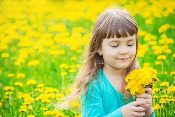 Mädchen, Kind, Blumen im Frühling spielen. Selektiver Fokus. — Stockfoto