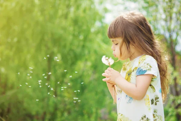 Girl blowing dandelions in the air. selective focus. — Stock Photo, Image