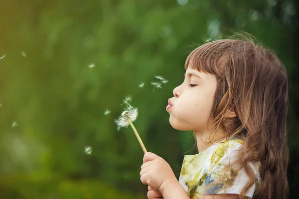 Girl blowing dandelions in the air. selective focus. — Stock Photo, Image