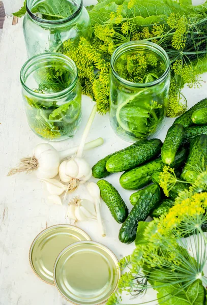 Preparation for pickling cucumbers. Preservation. Selective focus. — Stock Photo, Image