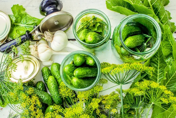 Preparation for pickling cucumbers. Preservation. Selective focus. — Stock Photo, Image