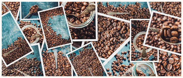 Collage av kaffe. en massa bilder. selektivt fokus. — Stockfoto