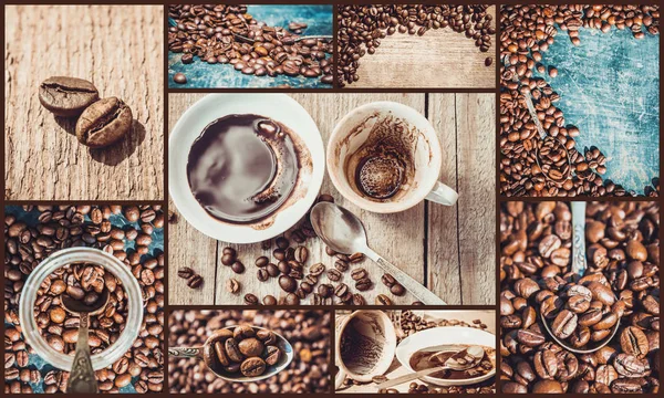 Collage av kaffe. en massa bilder. selektivt fokus. — Stockfoto