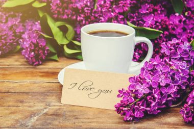 Kahve kahvaltı ve eflatun çiçekler. Seçici odak. 