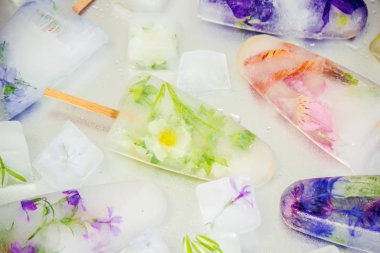 buz küpleri ve dondurma bir çubuk üzerinde donmuş çiçeklenir. seçici odak.