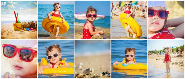 Дитяча дівчинка на пляжі, біля моря. колаж. Вибірковий фокус . — стокове фото