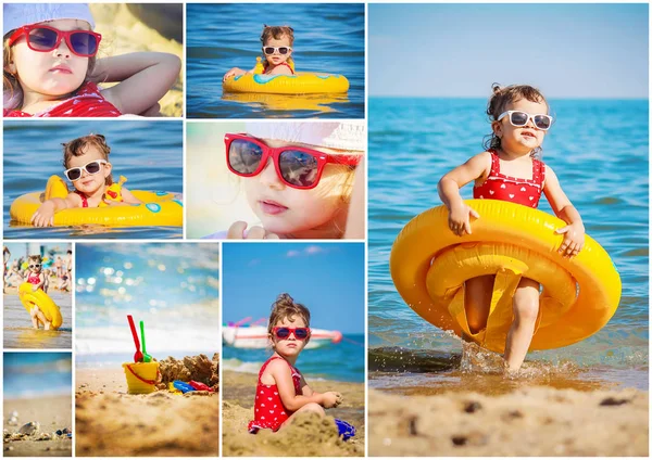 Dziewczynka na plaży, nad morzem. kolaż. Selektywny fokus. — Zdjęcie stockowe