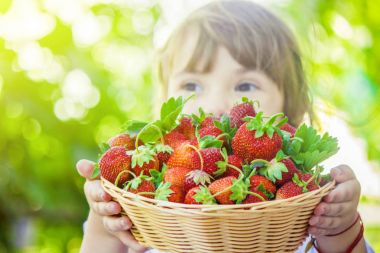 Çocuk ve çilek. Seçici odak.