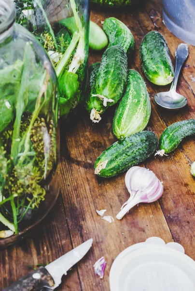 Preparation for pickling cucumbers. Preservation. Selective focus. — Stock Photo, Image