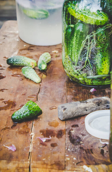 Preparation for pickling cucumbers. Preservation. Selective focus. 