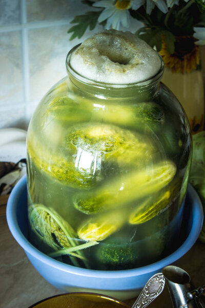 Preparation for pickling cucumbers. Preservation. Selective focus. 
