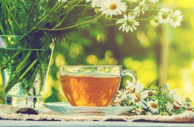 Papatya çayı. Seçici odak.