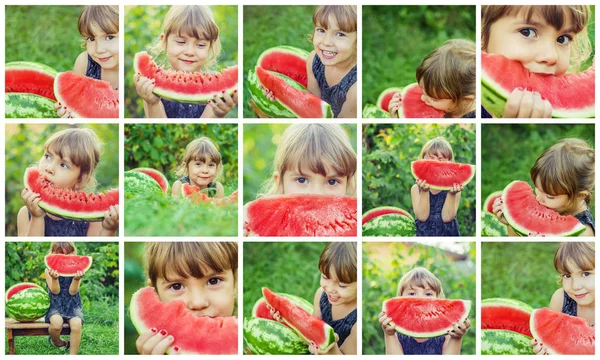 Collage ungen med vattenmelon. — Stockfoto