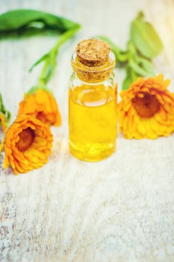 Calendula özü. Şifalı bitkiler. Seçici odak. 