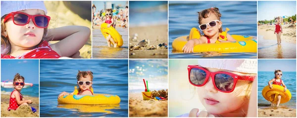 Дитяча дівчинка на пляжі, біля моря. колаж. Вибірковий фокус . — стокове фото