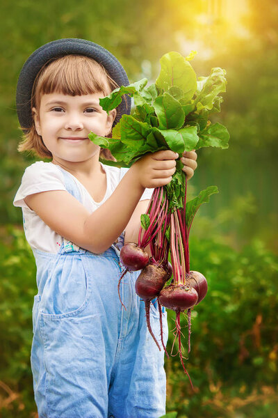 Child and beet. Selective focus. 