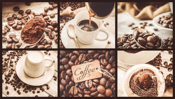 Collage mit vielen Bildern von Kaffee. — Stockfoto