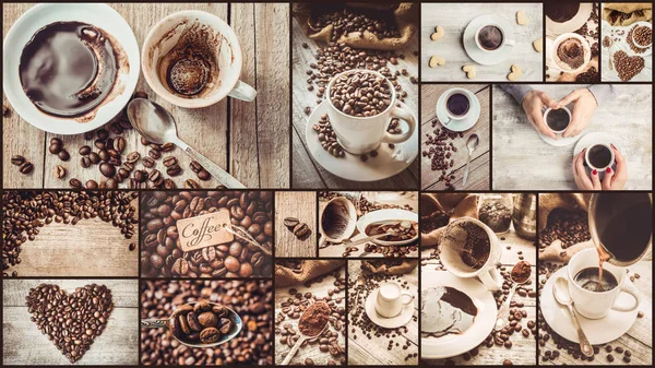 Collage mit vielen Bildern von Kaffee. — Stockfoto