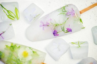 buz küpleri ve dondurma bir çubuk üzerinde donmuş çiçeklenir. seçici odak.