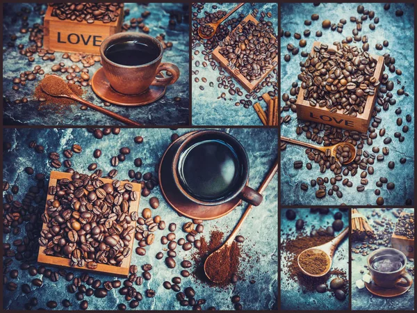 Collage många bilder av kaffe. — Stockfoto