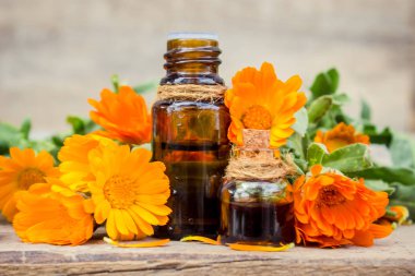 Küçük bir şişe içinde kadife çiçeği özü. Şifalı otlar. Seçici odak. 