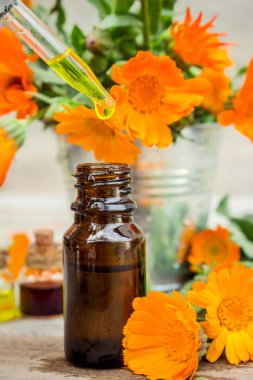 Küçük bir şişe içinde kadife çiçeği özü. Şifalı otlar. Seçici odak. 