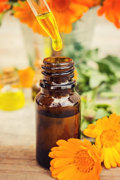Marigold extract in a small bottle. Medicinal herbs. Selective focus. — Stock Photo, Image