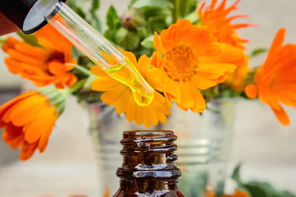 Küçük bir şişe içinde kadife çiçeği özü. Şifalı otlar. Seçici odak. 