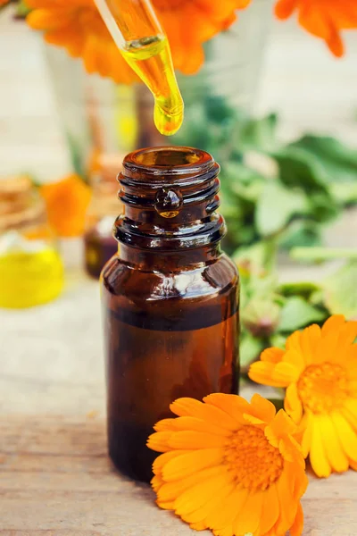 Küçük bir şişe içinde kadife çiçeği özü. Şifalı otlar. Seçici odak. 