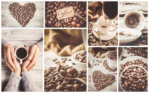 Collage mit vielen Bildern von Kaffee. — Stockfoto