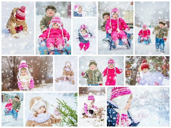 Collage children winter photo. Selective focus. — Stock Photo, Image