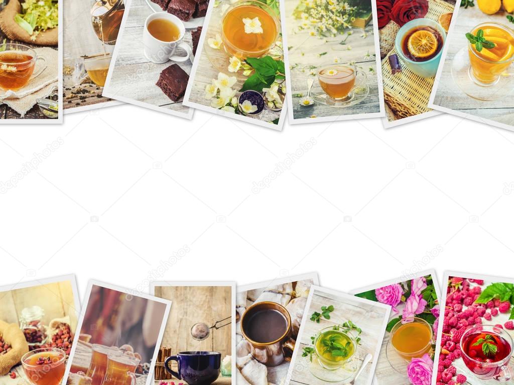 Collage of tea. Selective focus. 