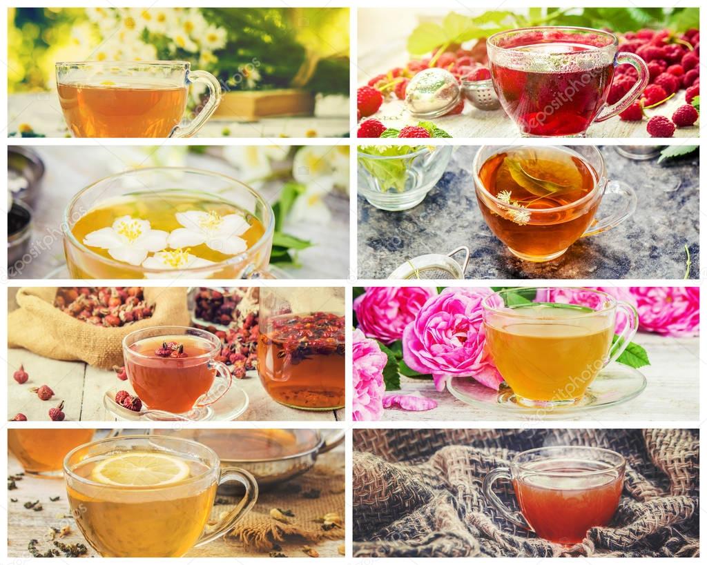 Collage of tea. Selective focus. 