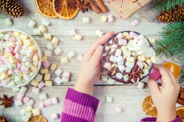 Sıcak çikolata ve şekerleme Noel arka plan üzerinde. Seçici odak. 