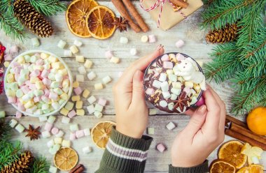 Sıcak çikolata ve şekerleme Noel arka plan üzerinde. Seçici odak. 