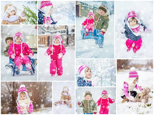 Collage children winter photo. Selective focus. — Stock Photo, Image