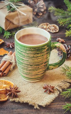 Noel arka plan, sıcak kakao. Seçici odak.