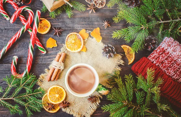 Fondo de Navidad, chocolate caliente. Enfoque selectivo . —  Fotos de Stock