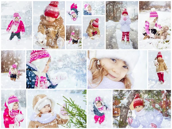 Collage Children Winter Photo Selective Focus — Stock Photo, Image