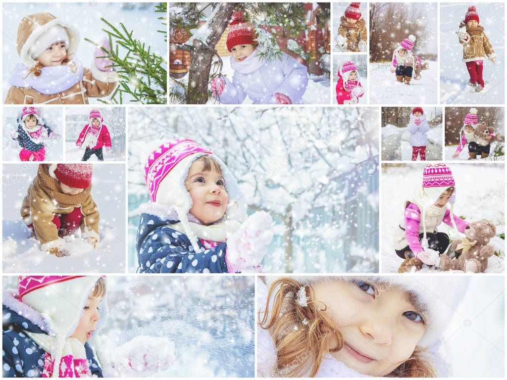 Collage children winter photo. Selective focus. 