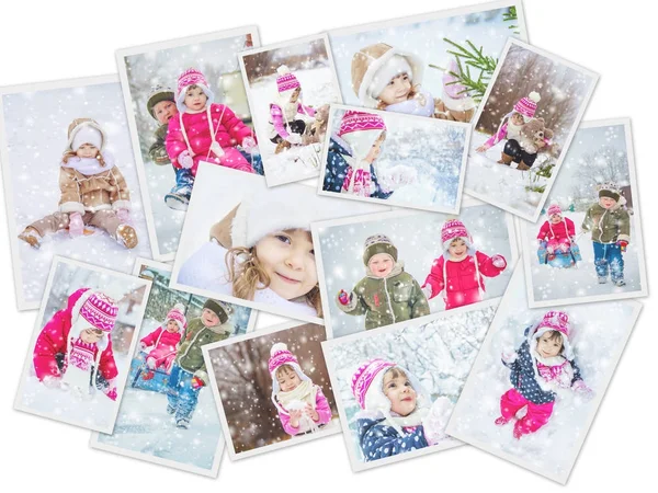 Kolaż Zdjęcie Zimowe Dzieci Selektywny Fokus — Zdjęcie stockowe