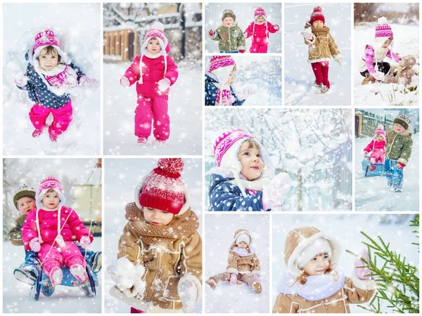 Collage Children Winter Photo Selective Focus — Stock Photo, Image