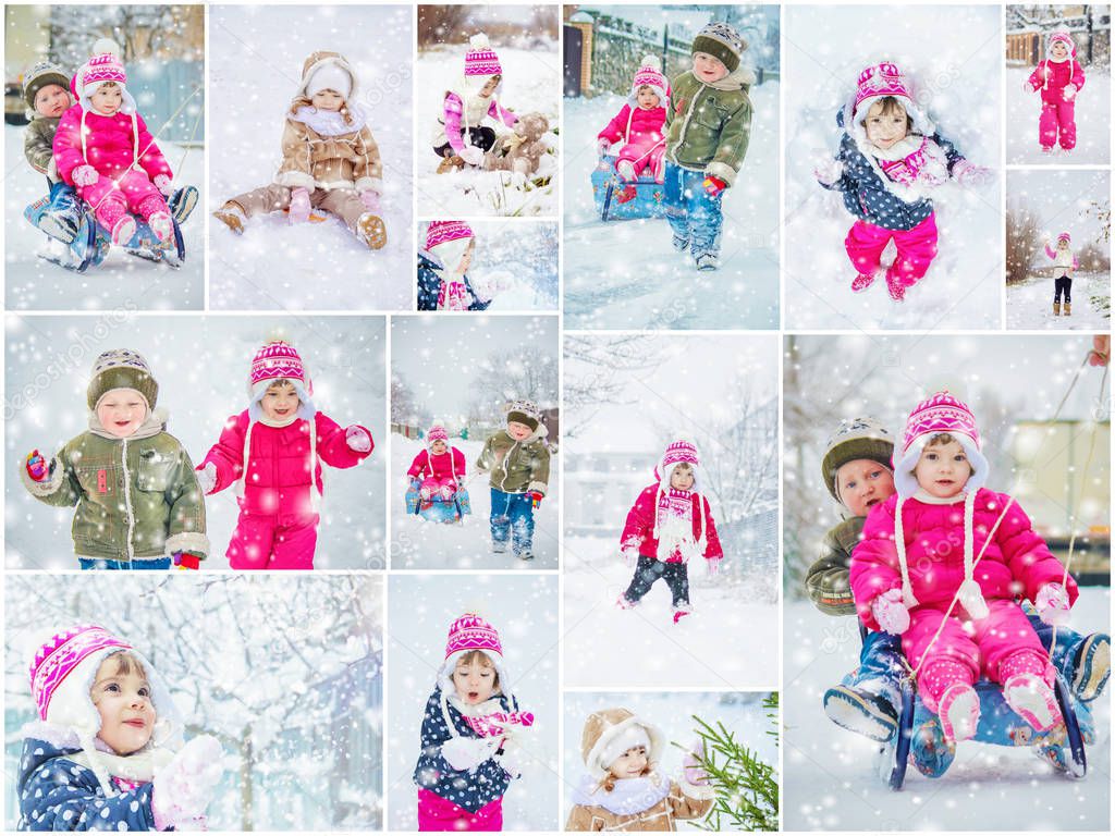 Collage children winter photo. Selective focus. 