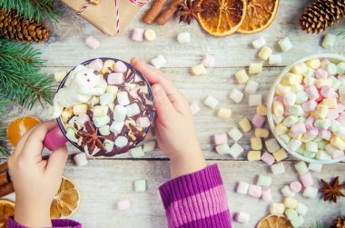 Sıcak çikolata ve şekerleme Noel arka plan üzerinde. Seçici odak. 