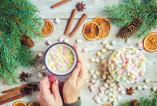 stock image Hot chocolate and marshmallow on christmas background. Selective focus. 