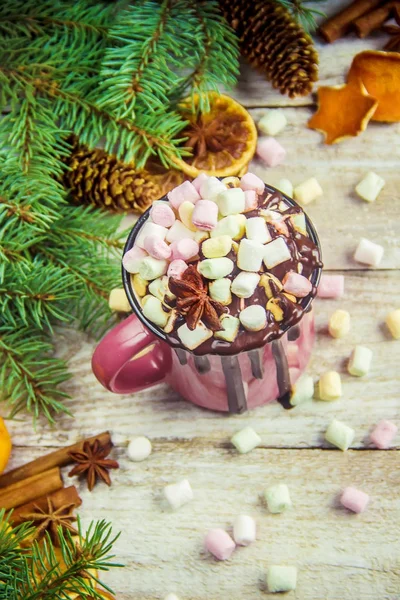 Hot Chocolate Marshmallow Christmas Background Selective Focus — Stock Photo, Image