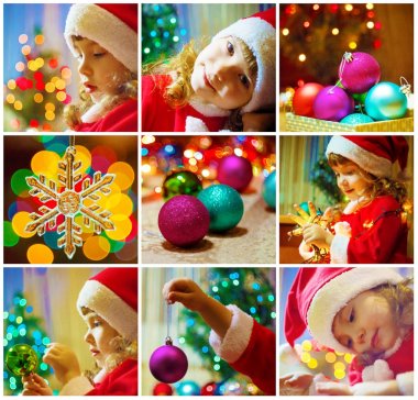 Bir çocuk bir Noel ağacı kolaj kadar elbise. Seçici odak.