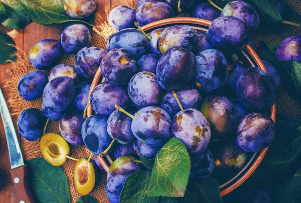 Plums Wooden Background Selective Focus — Stock Photo, Image