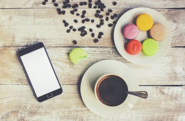 Bademli kurabiye ve kahve. Kahvaltı. Seçici odak. 